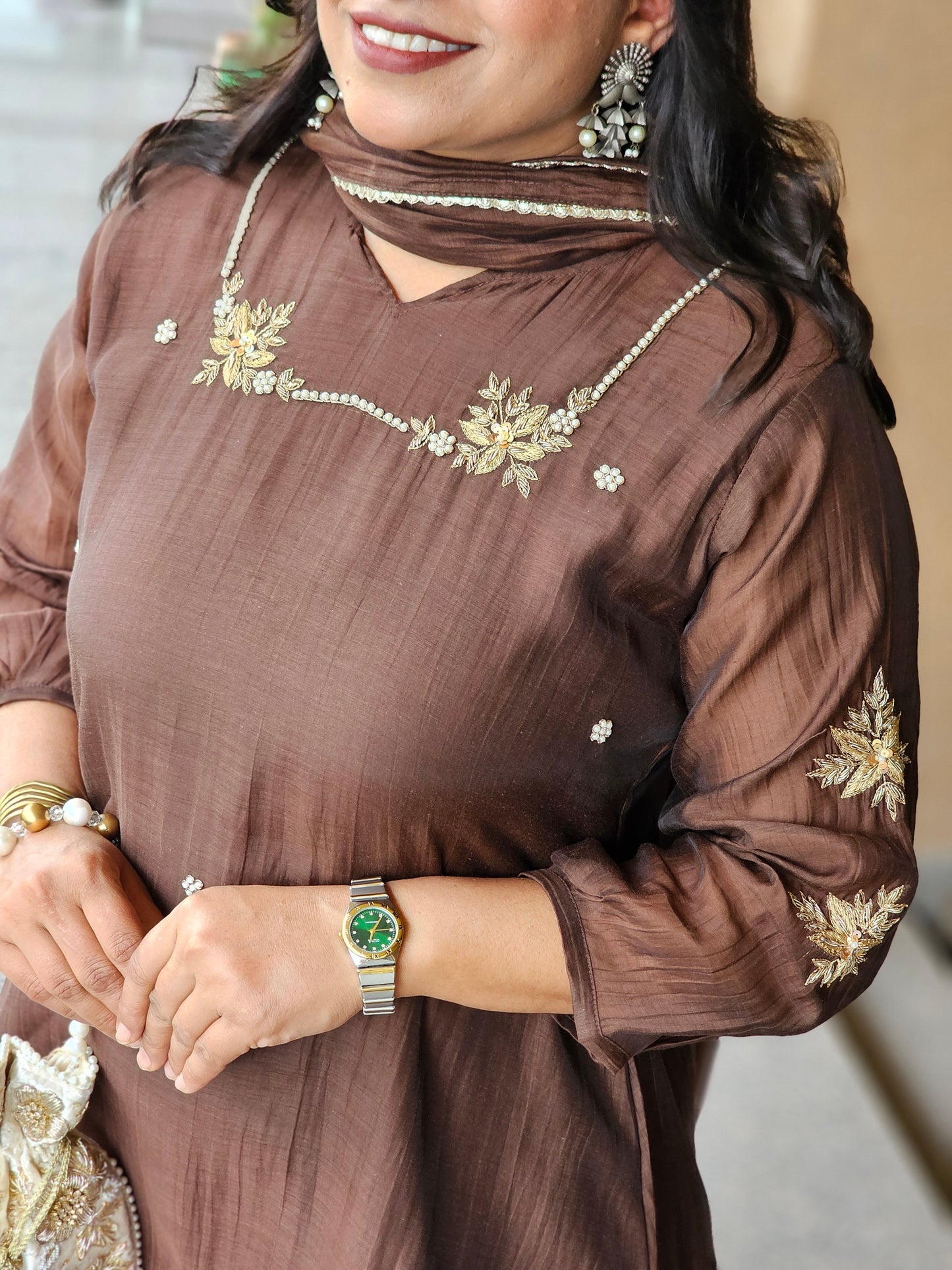 Dark Brown Embroidered Chanderi Silk Kurta Set