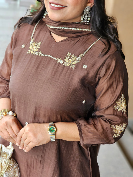 Dark Brown Embroidered Chanderi Silk Kurta Set