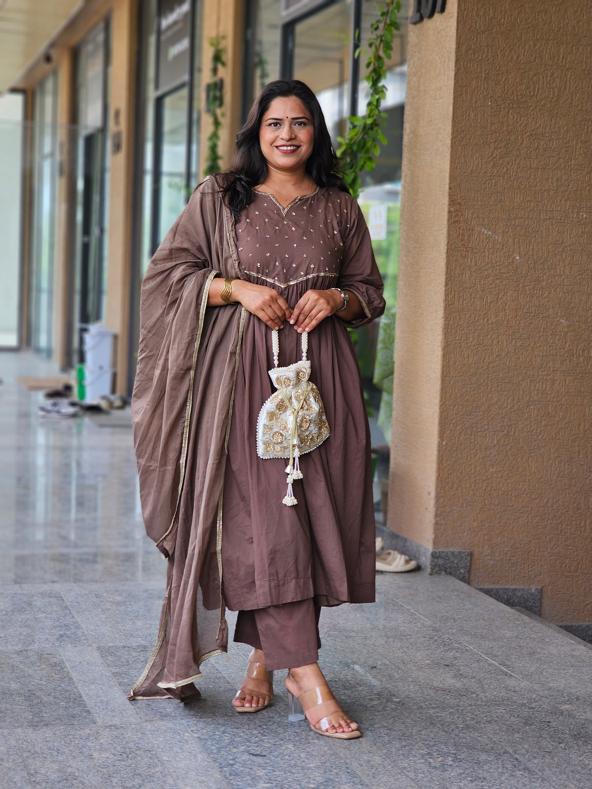 Coffee Brown Embroidered Suit Set