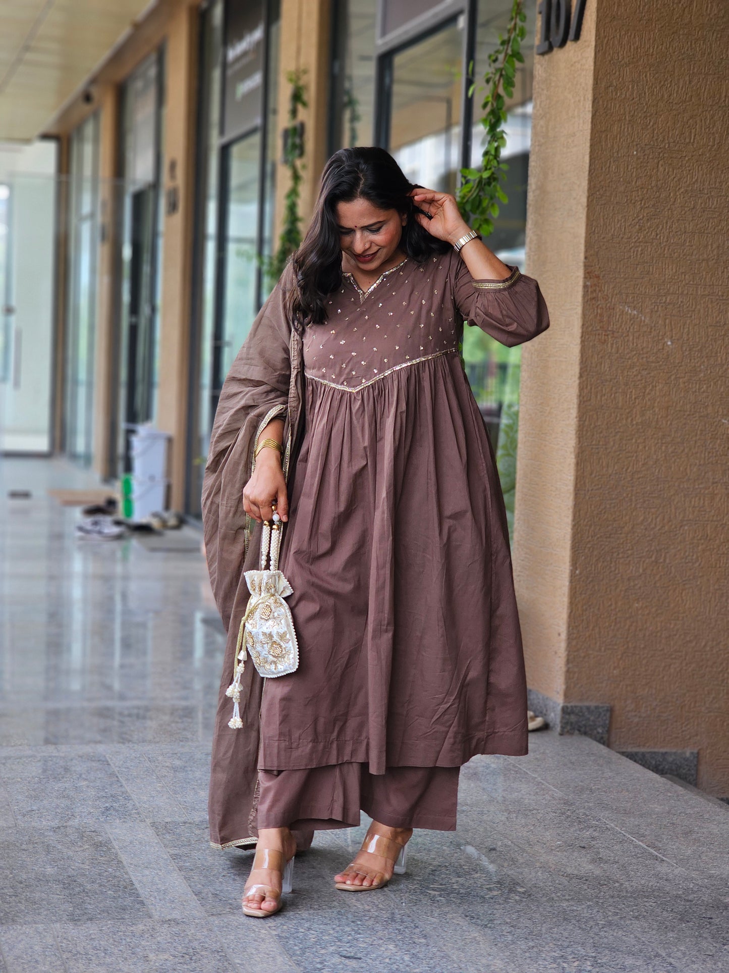 Coffee Brown Embroidered Suit Set