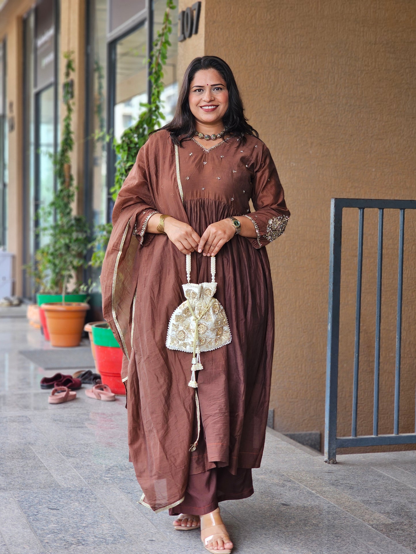 Chocolate Brown Embroidered Anarkali Set