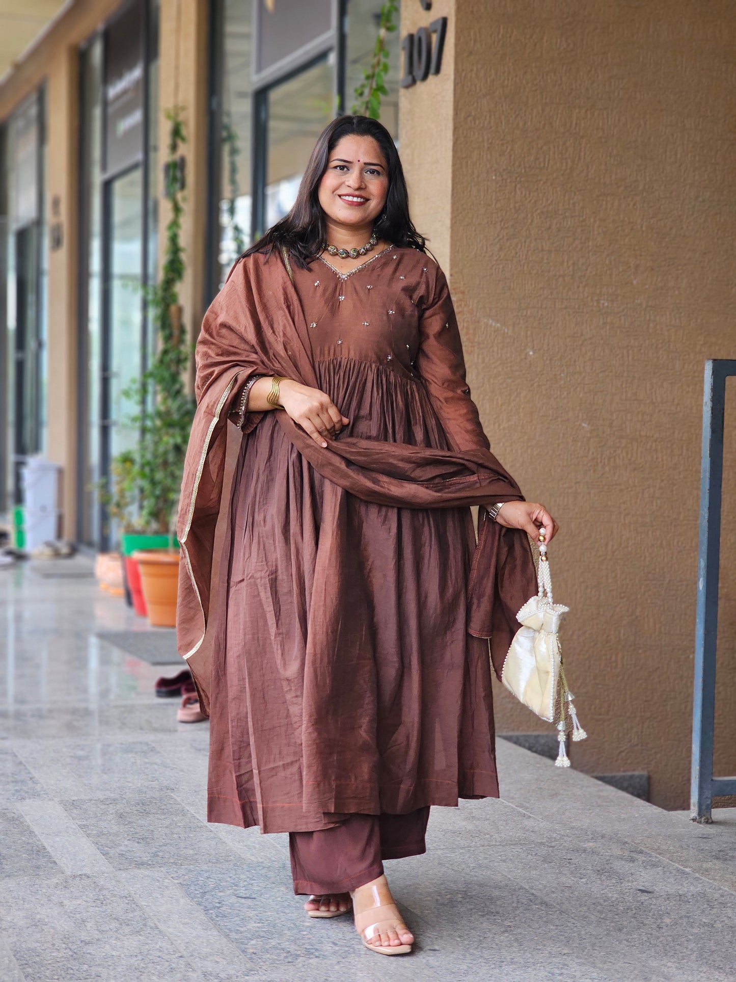 Chocolate Brown Embroidered Anarkali Set