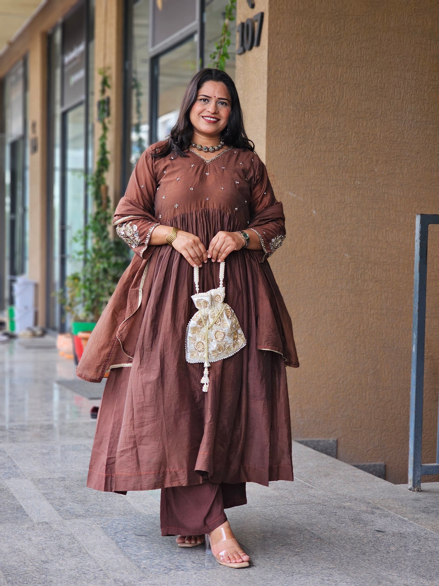 Chocolate Brown Embroidered Anarkali Set