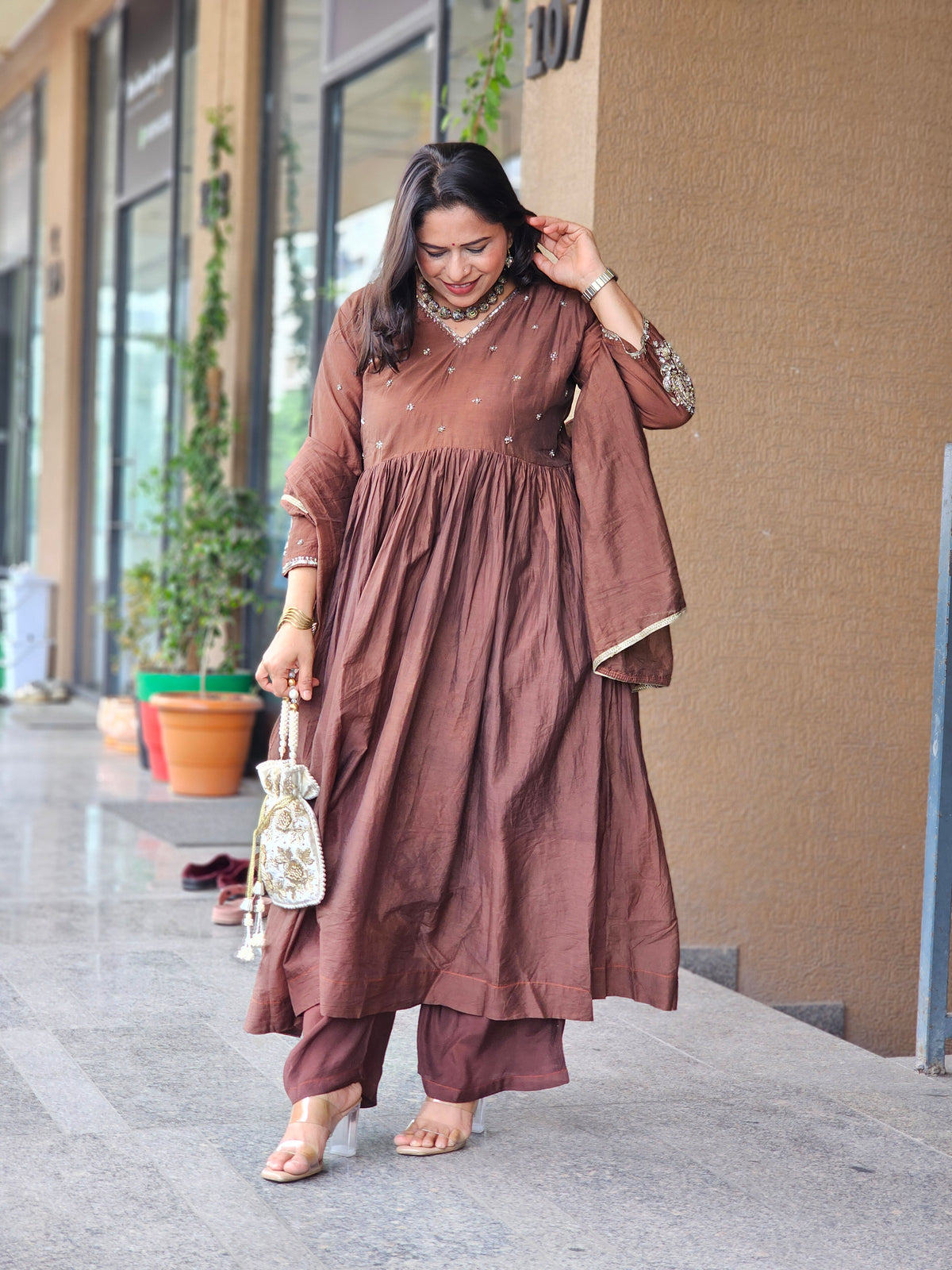 Chocolate Brown Embroidered Anarkali Set