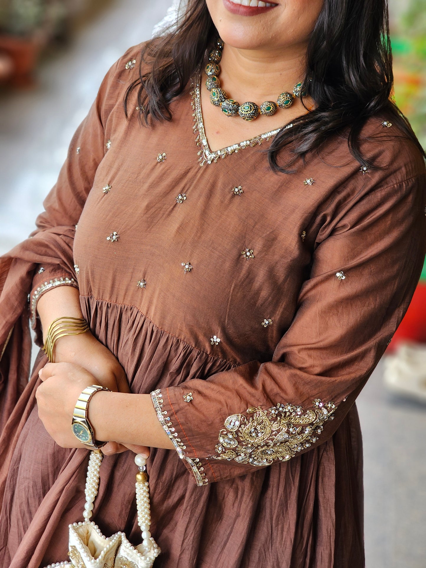 Chocolate Brown Embroidered Anarkali Set