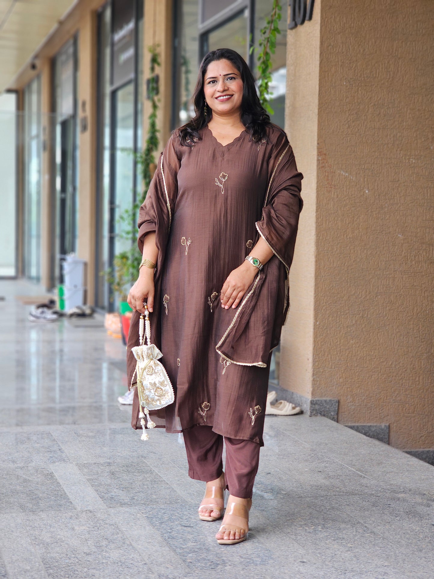 Chocolate Brown Floral Embroidered Kurta Set