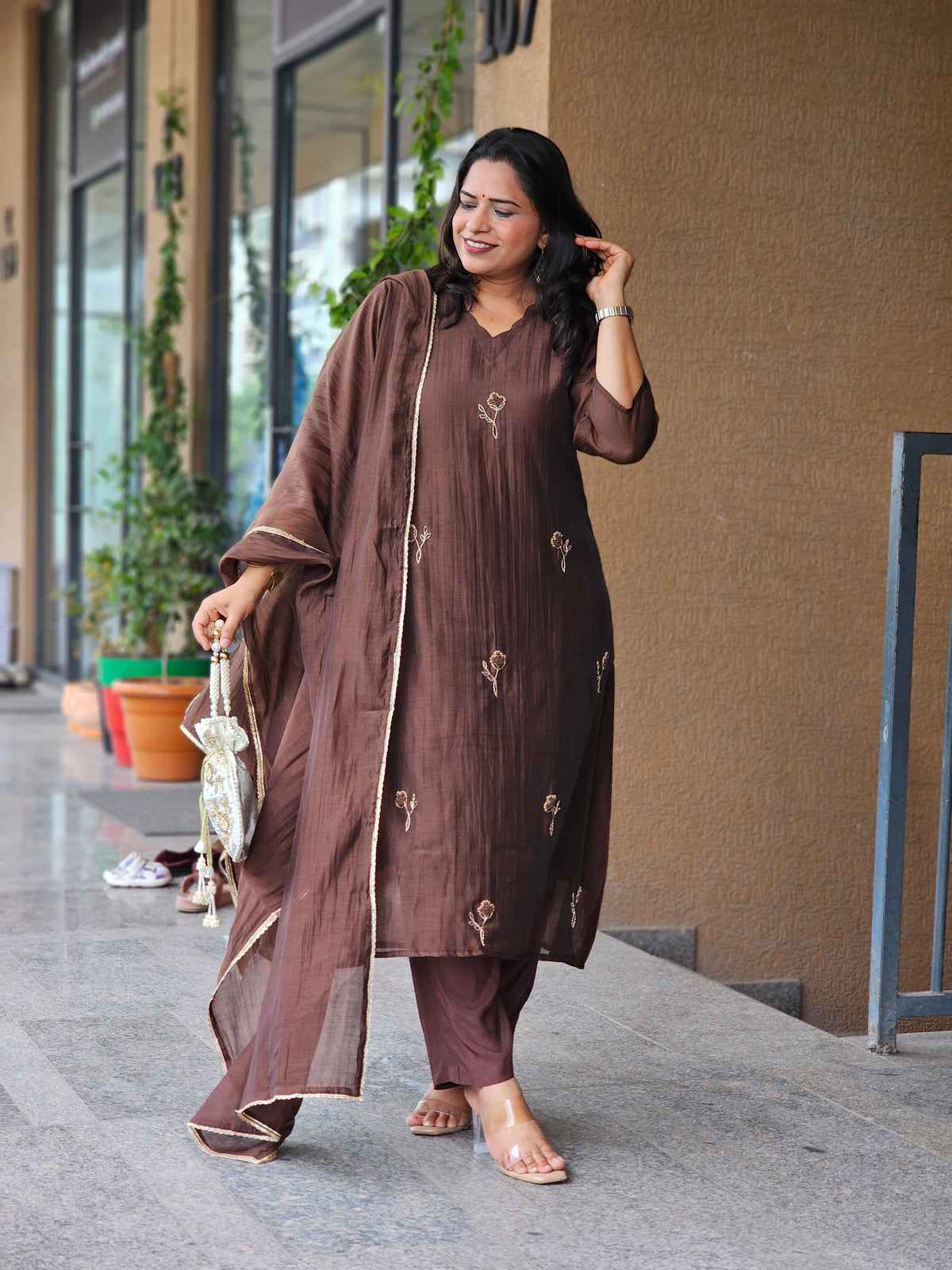 Chocolate Brown Floral Embroidered Kurta Set