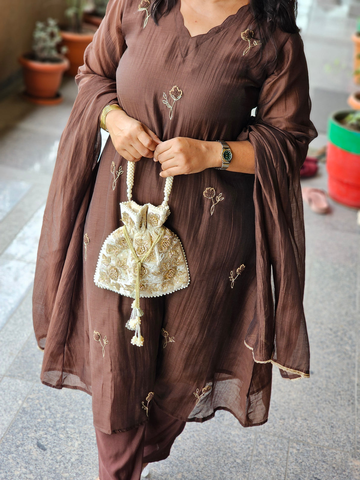 Chocolate Brown Floral Embroidered Kurta Set