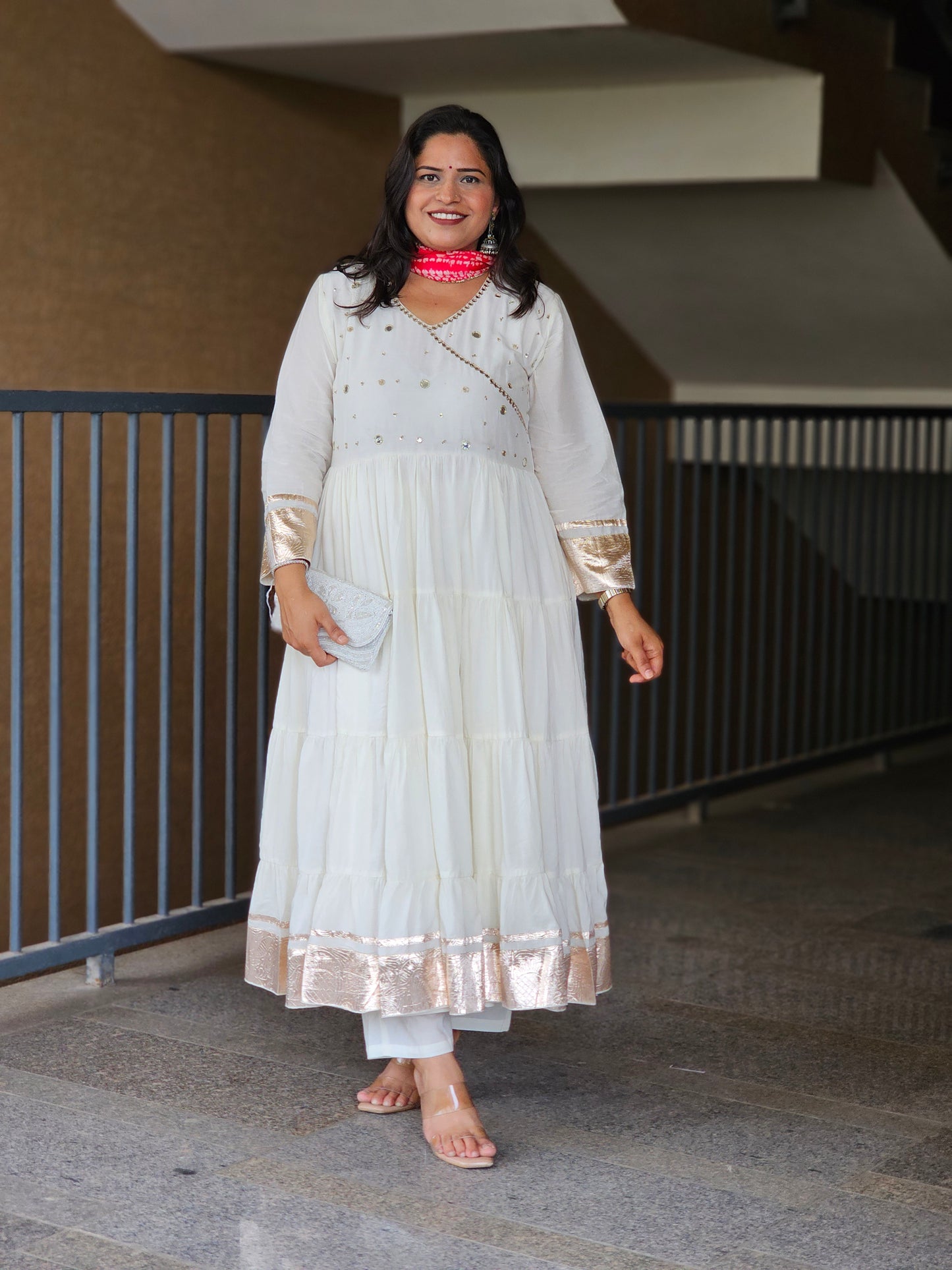 Off-White Angrakha-Style Tiered Anarkali Set