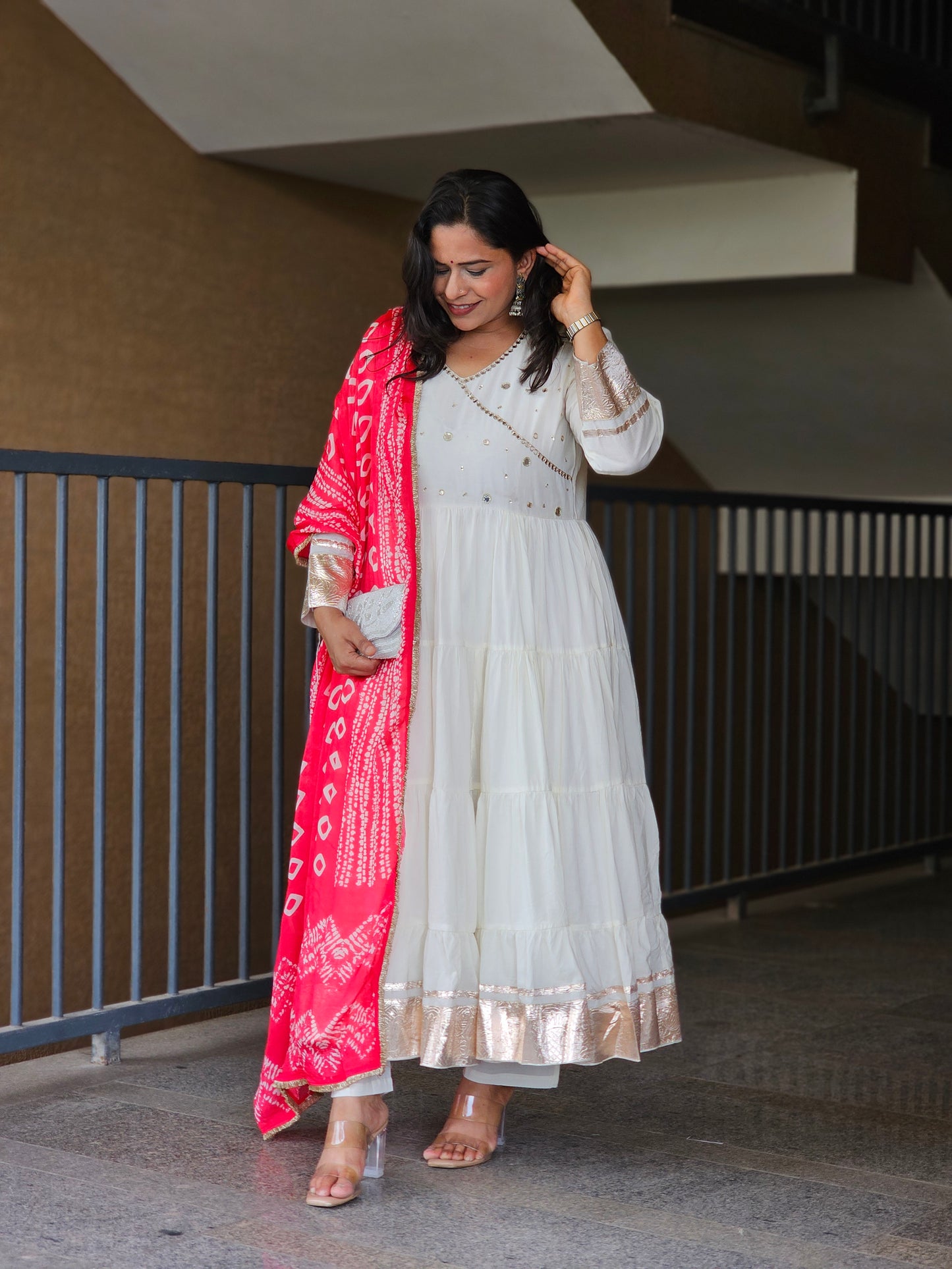Off-White Angrakha-Style Tiered Anarkali Set