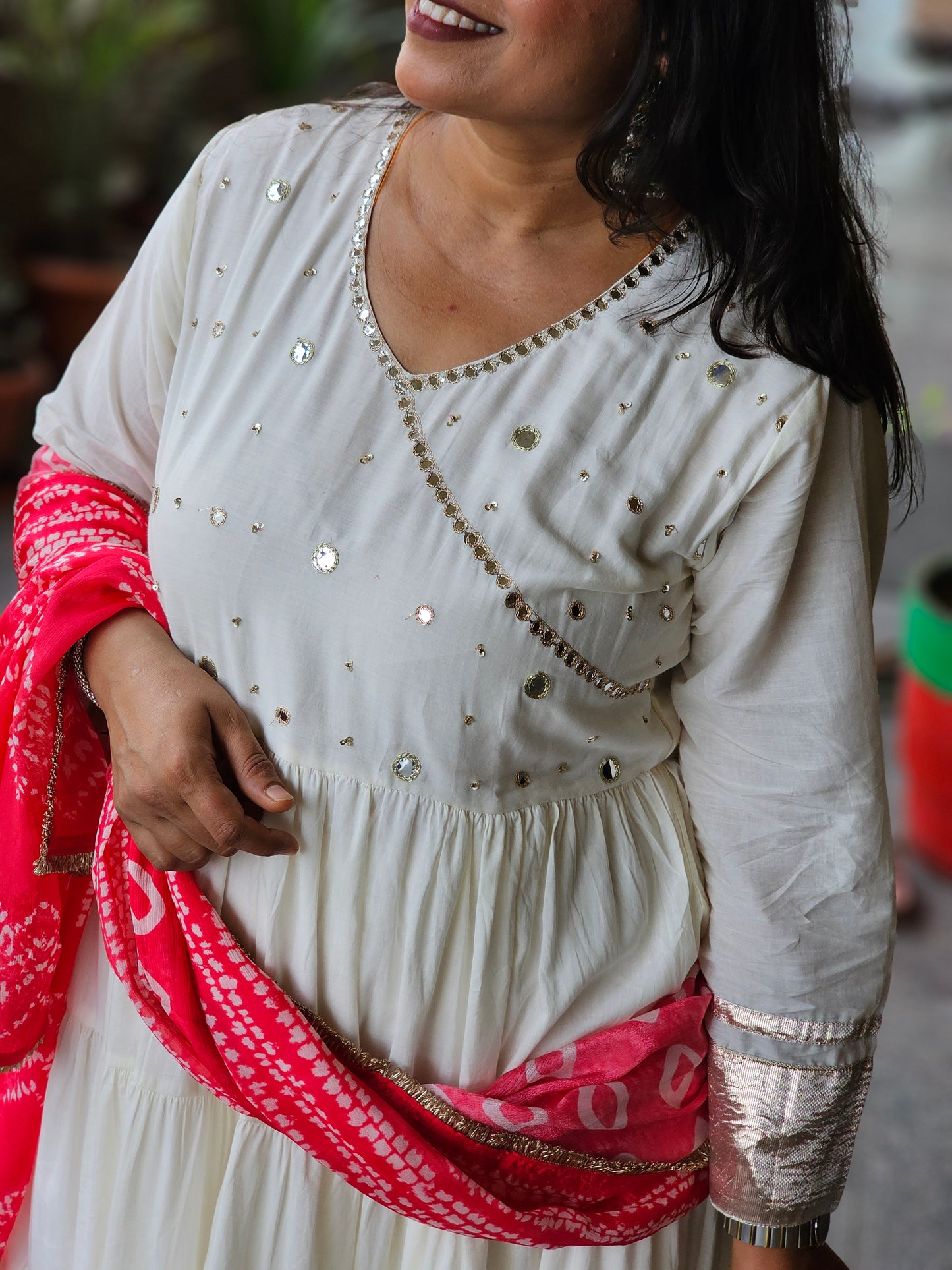 Off-White Angrakha-Style Tiered Anarkali Set