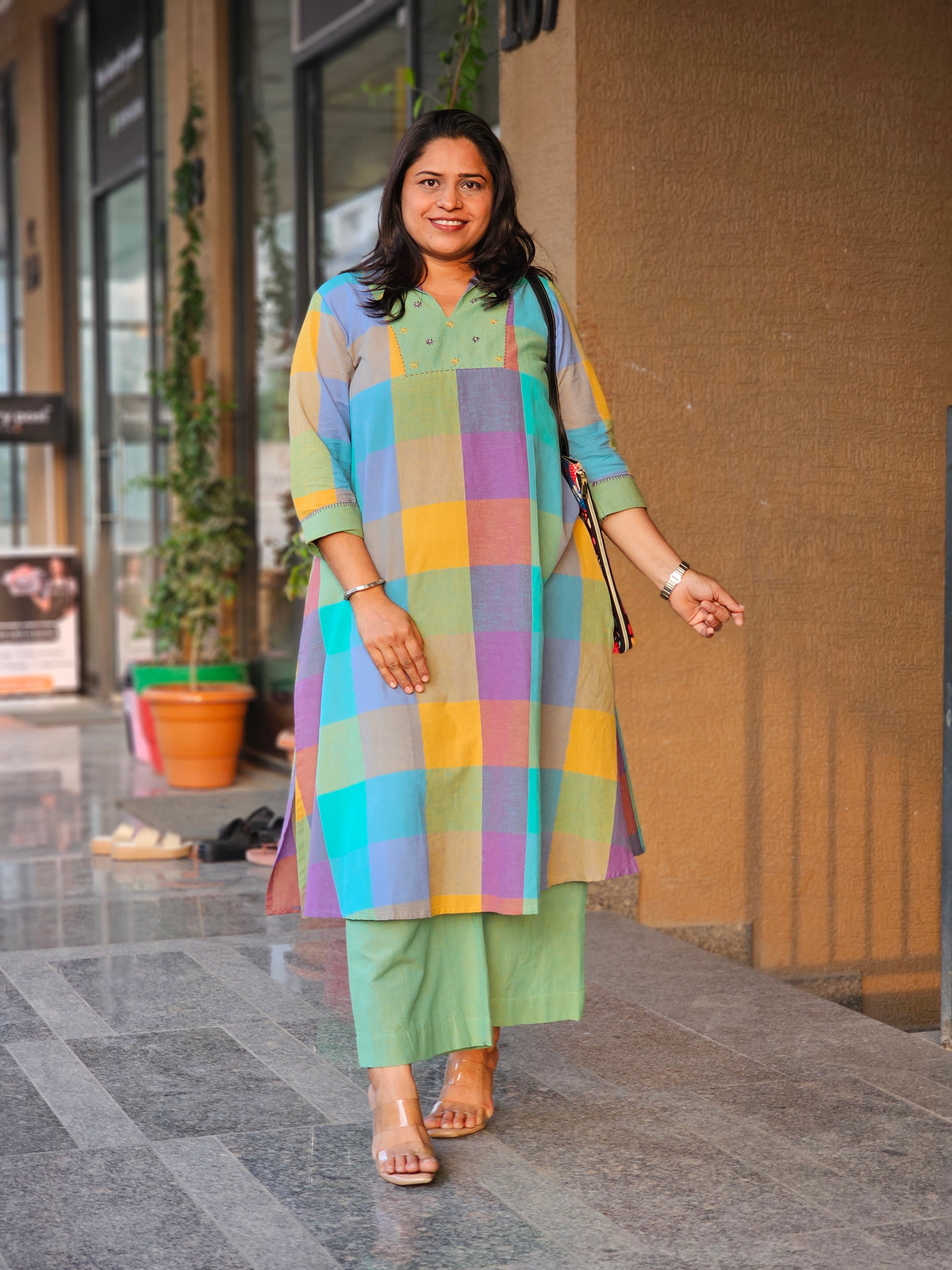 Vibrant Checked V-Neck Kurta-Plazo Set