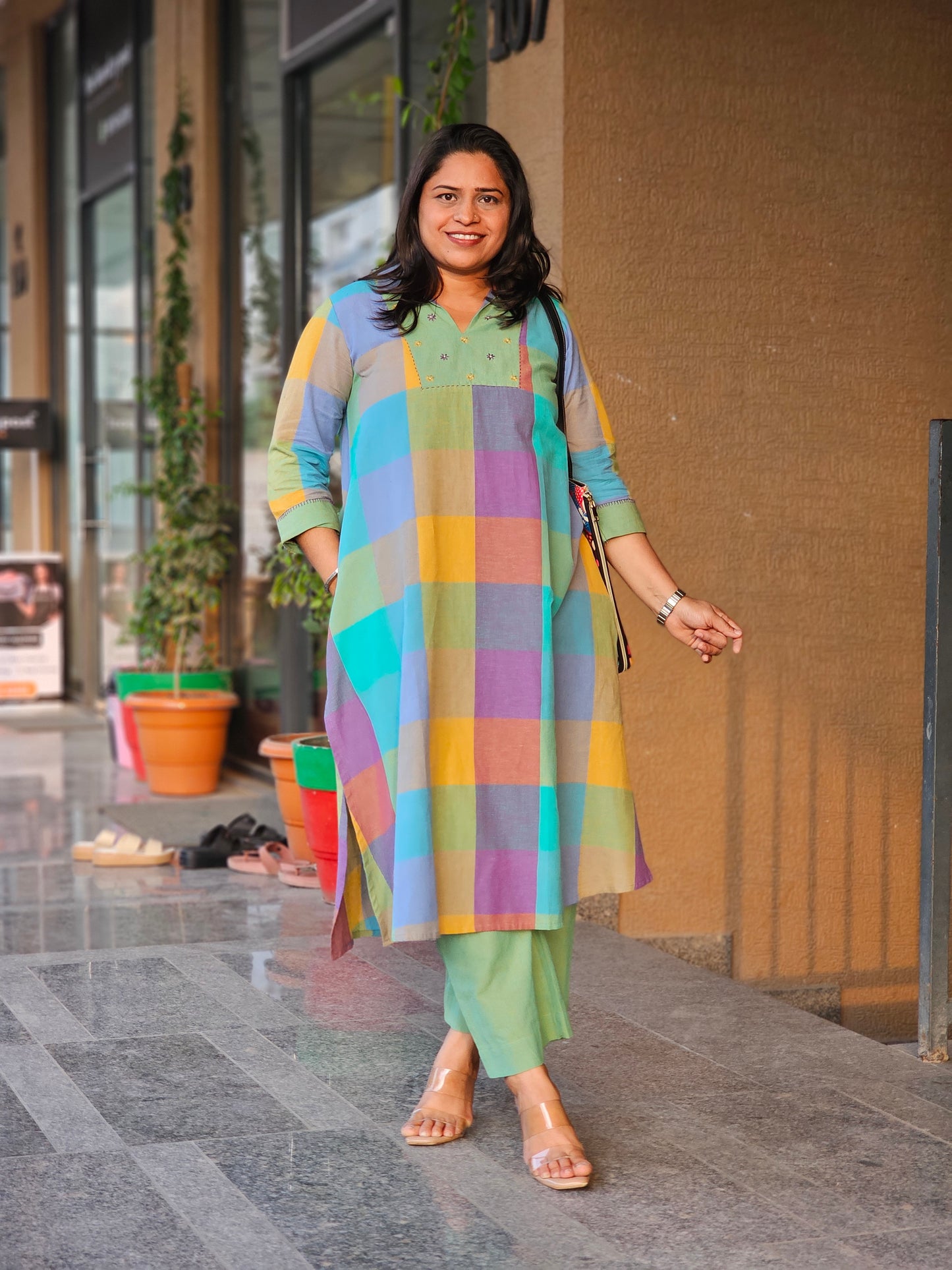 Vibrant Checked V-Neck Kurta-Plazo Set