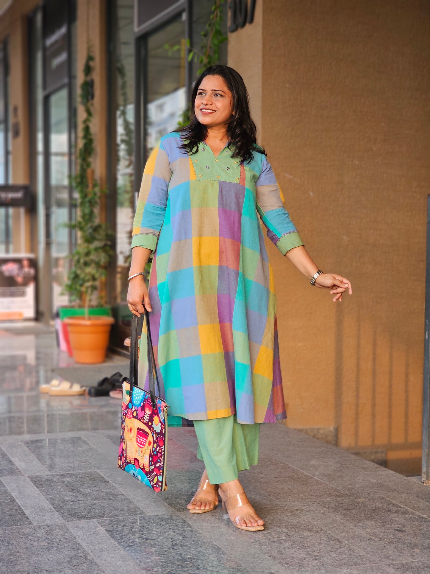 Vibrant Checked V-Neck Kurta-Plazo Set