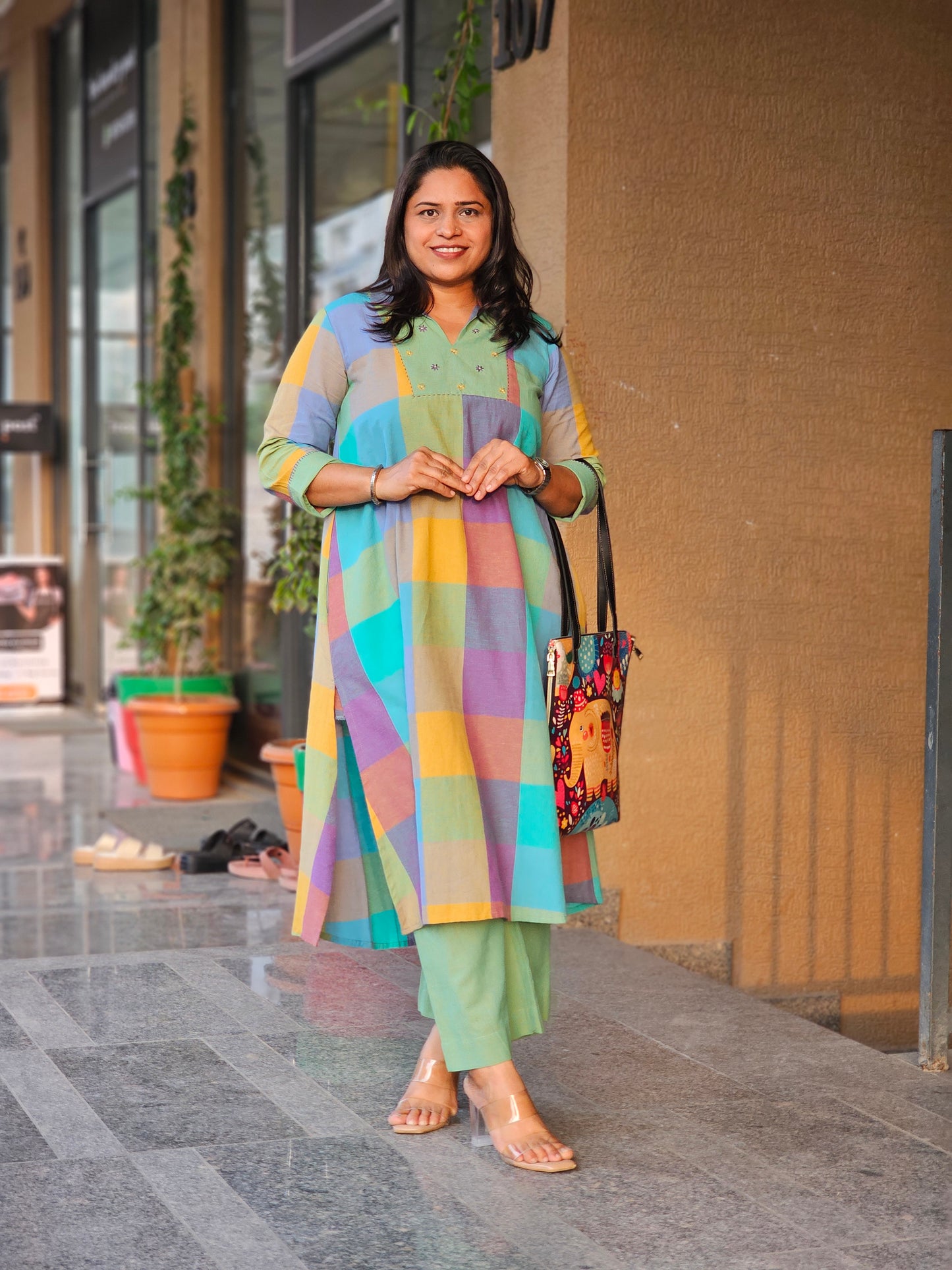 Vibrant Checked V-Neck Kurta-Plazo Set