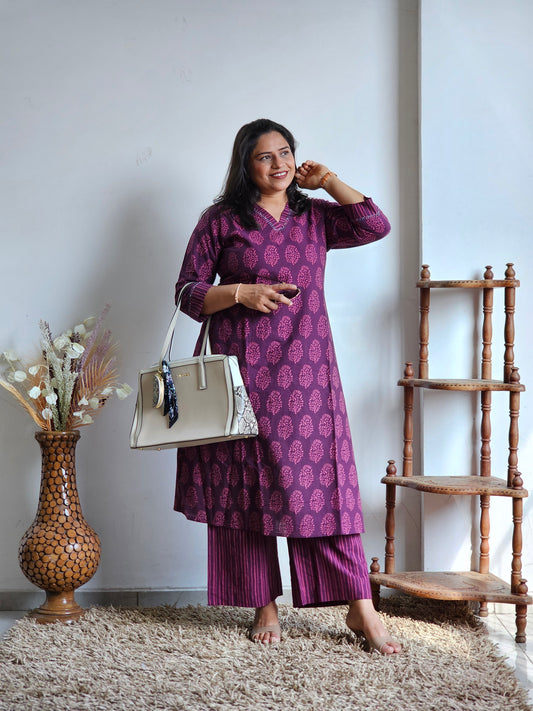 Purple Block Printed Cotton Kurta-Plazo Set