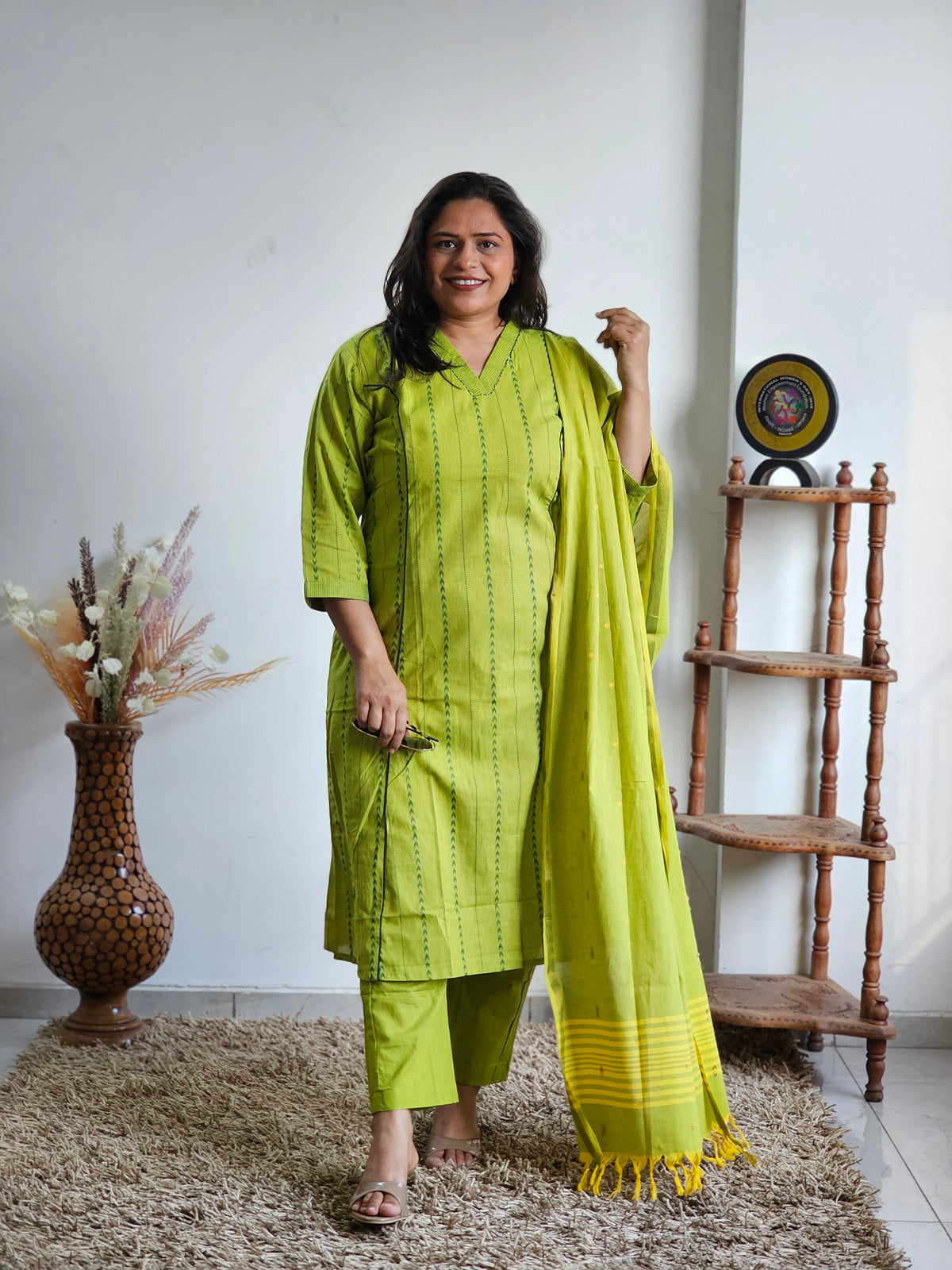 Lime Green Striped Handloom Cotton Kurta Set