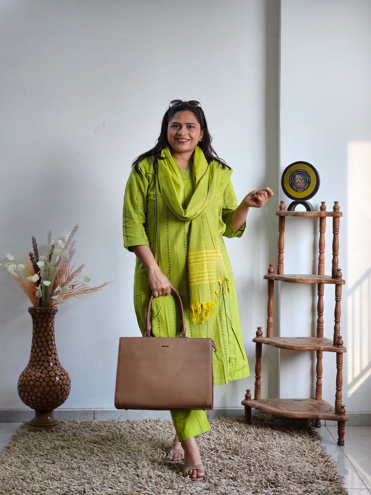 Lime Green Striped Handloom Cotton Kurta Set