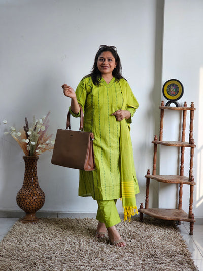 Lime Green Striped Handloom Cotton Kurta Set