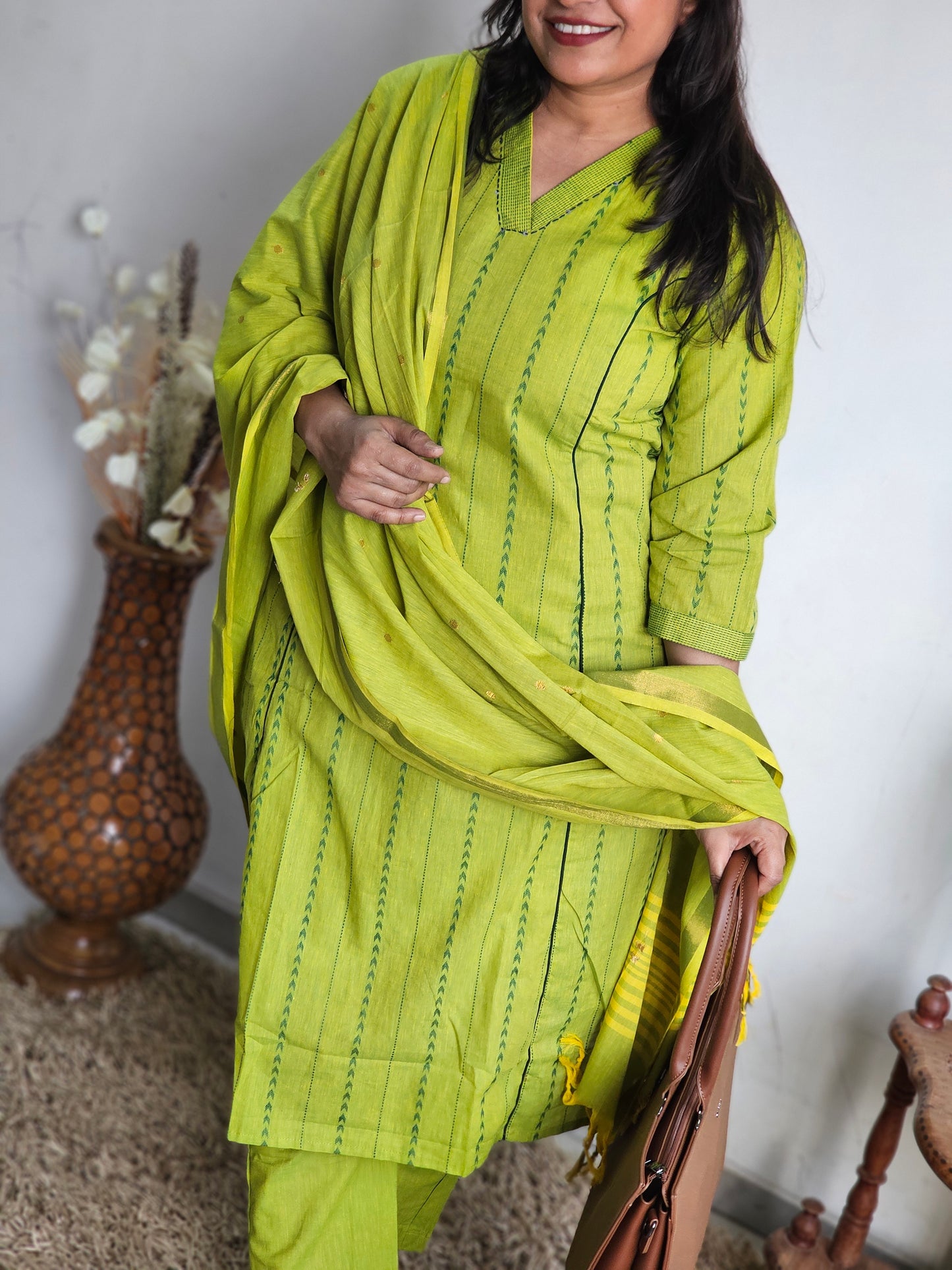 Lime Green Striped Handloom Cotton Kurta Set