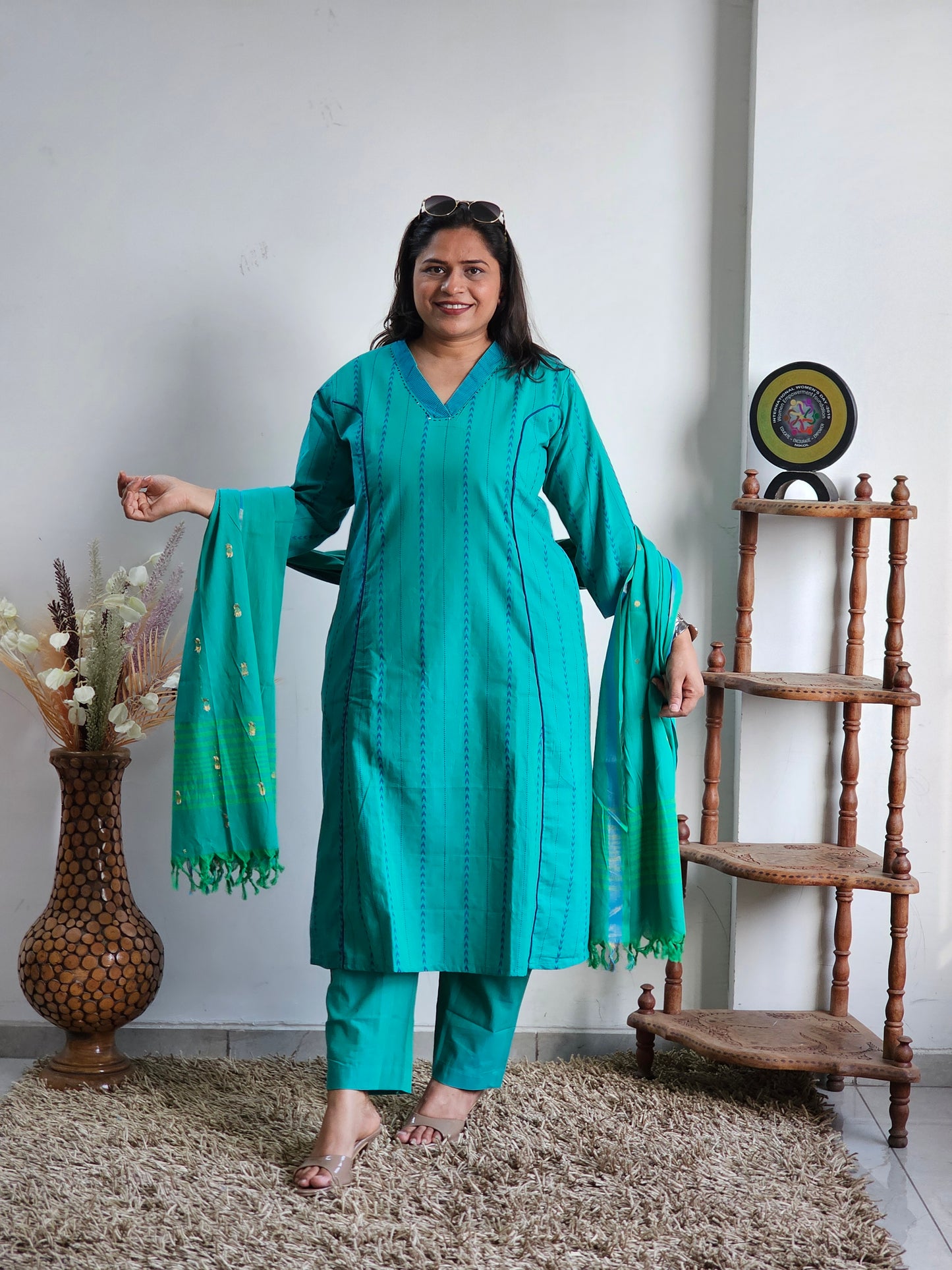 Teal Blue Striped Handloom Cotton Kurta Set