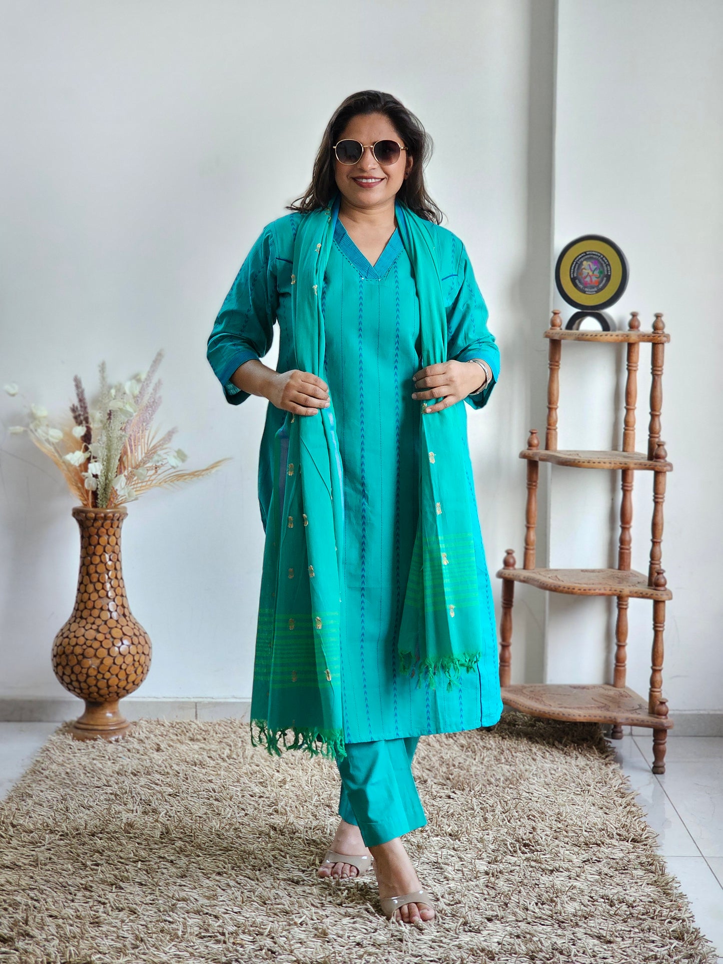 Teal Blue Striped Handloom Cotton Kurta Set