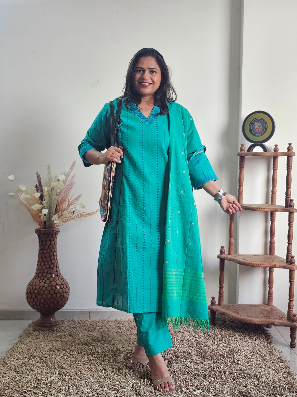 Teal Blue Striped Handloom Cotton Kurta Set