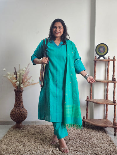Teal Blue Striped Handloom Cotton Kurta Set
