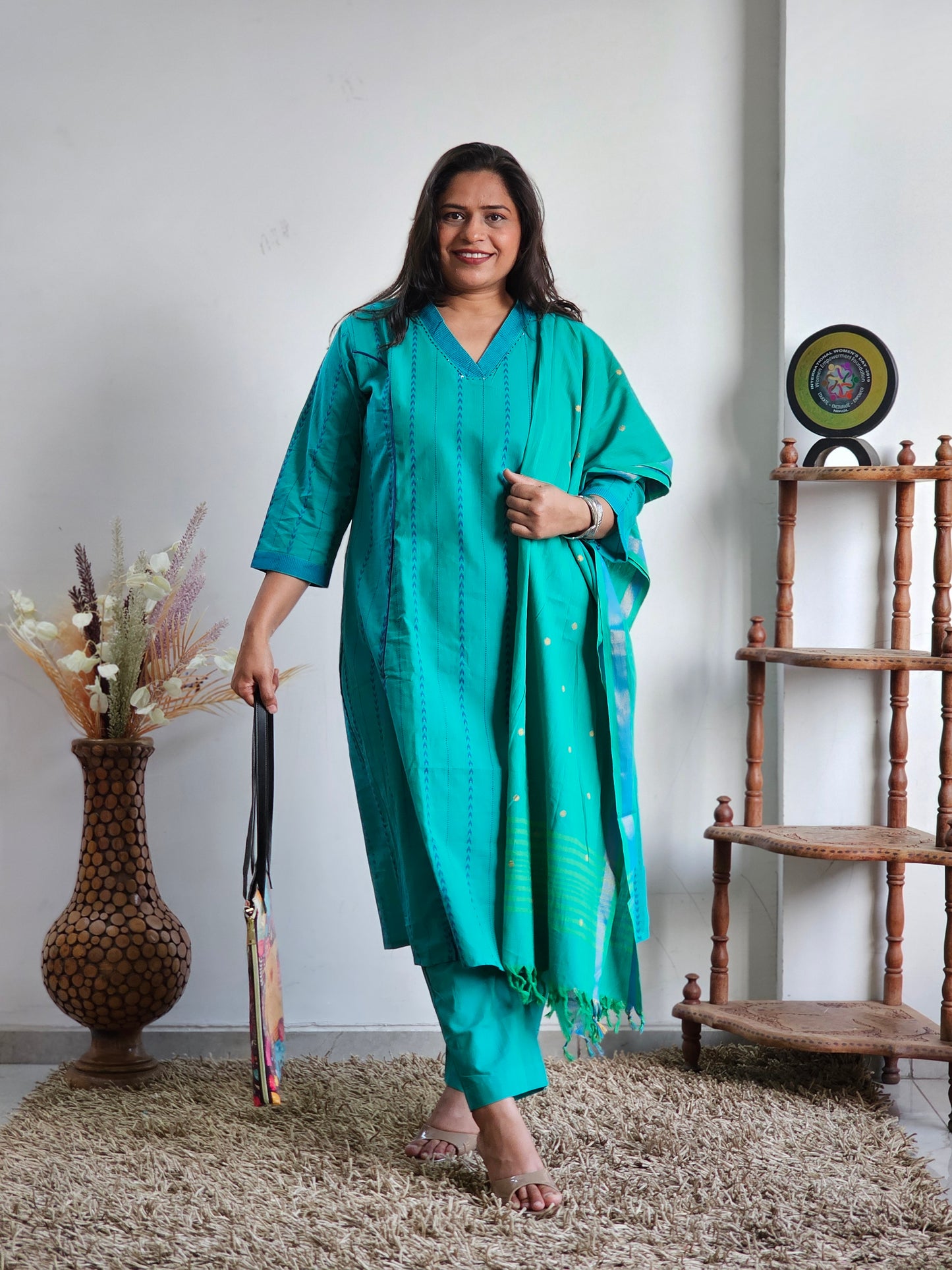 Teal Blue Striped Handloom Cotton Kurta Set
