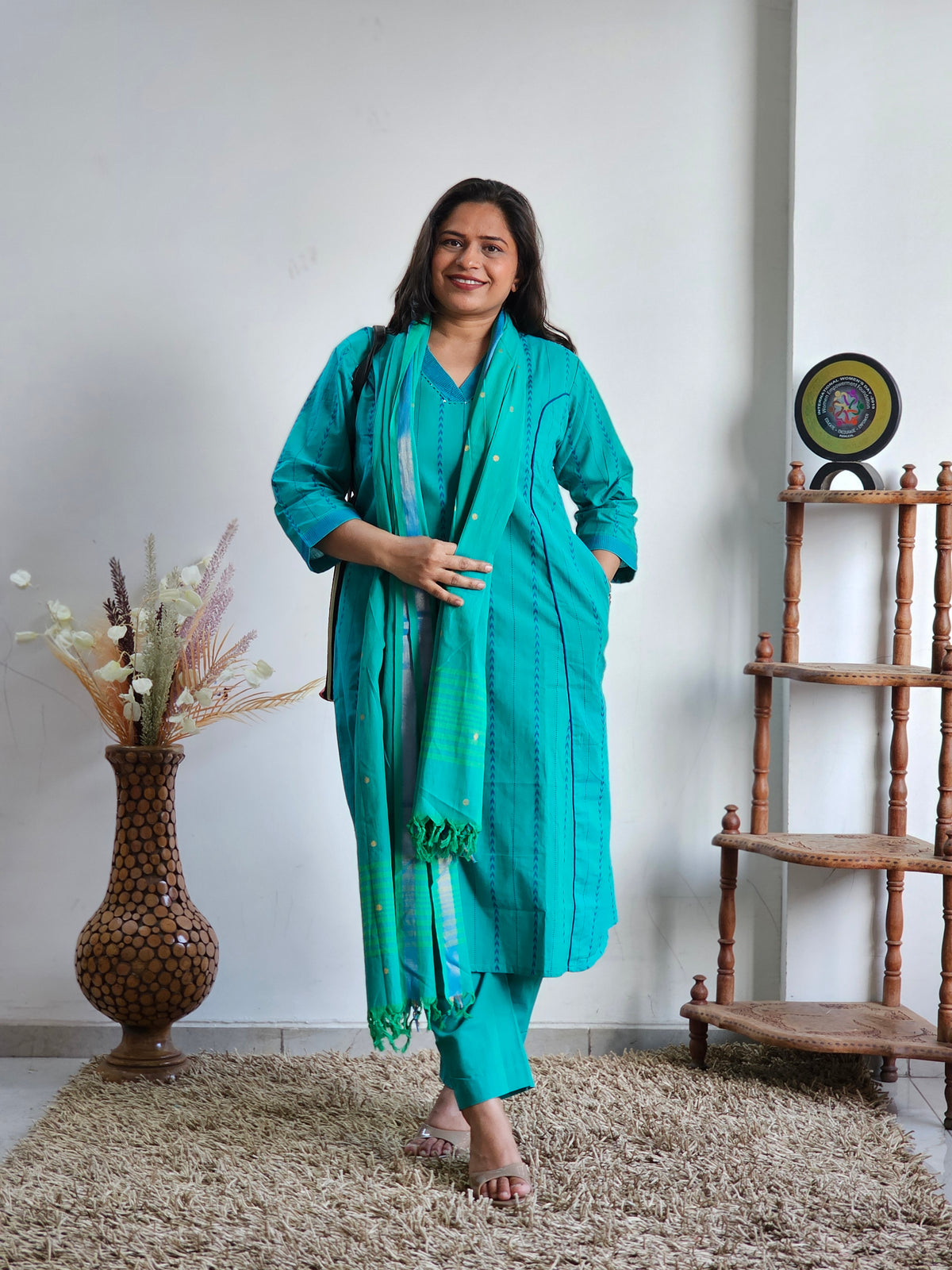 Teal Blue Striped Handloom Cotton Kurta Set