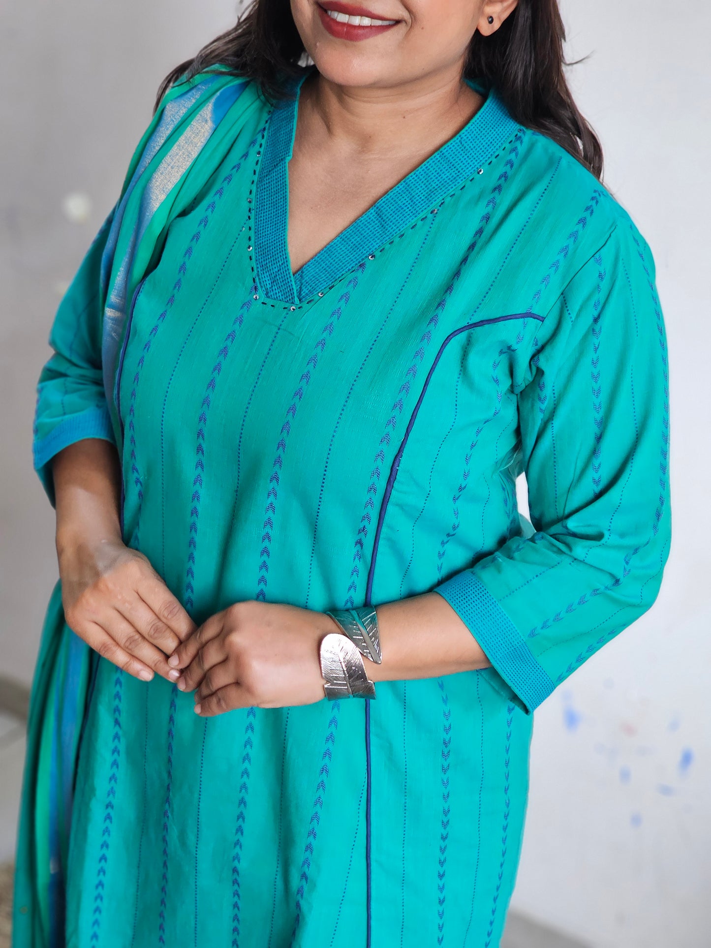 Teal Blue Striped Handloom Cotton Kurta Set