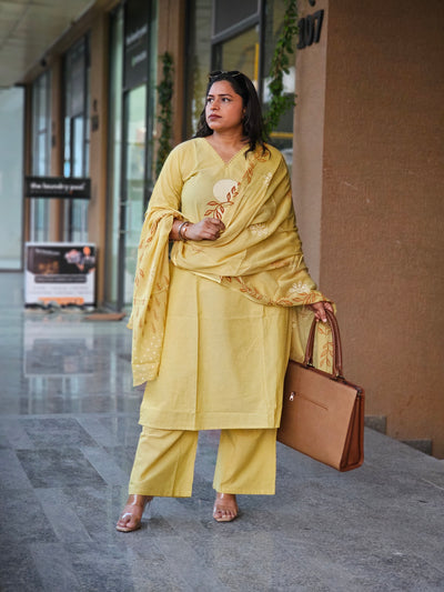 Yellow Leaf Embroidered Suit Set with Dupatta