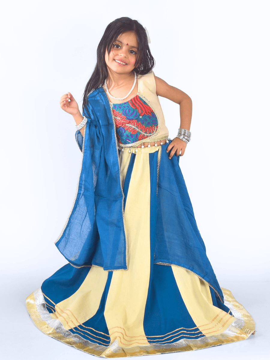 Blue & Cream Embroidered Work Lehenga Choli Set