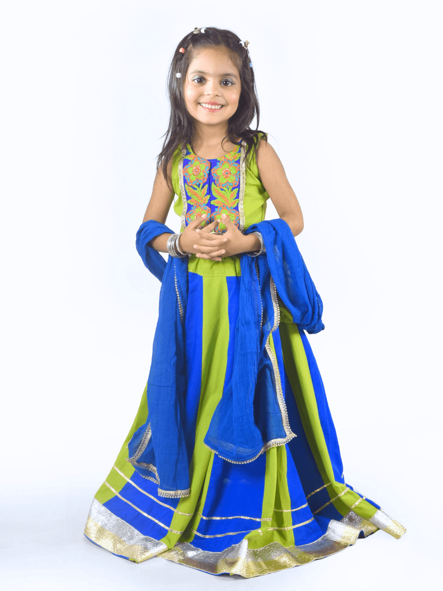 Lime Green & Royal Blue Embroidered Lehenga Choli