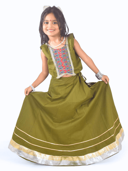 Olive Green & Mustard Embroidered Lehenga Choli Set