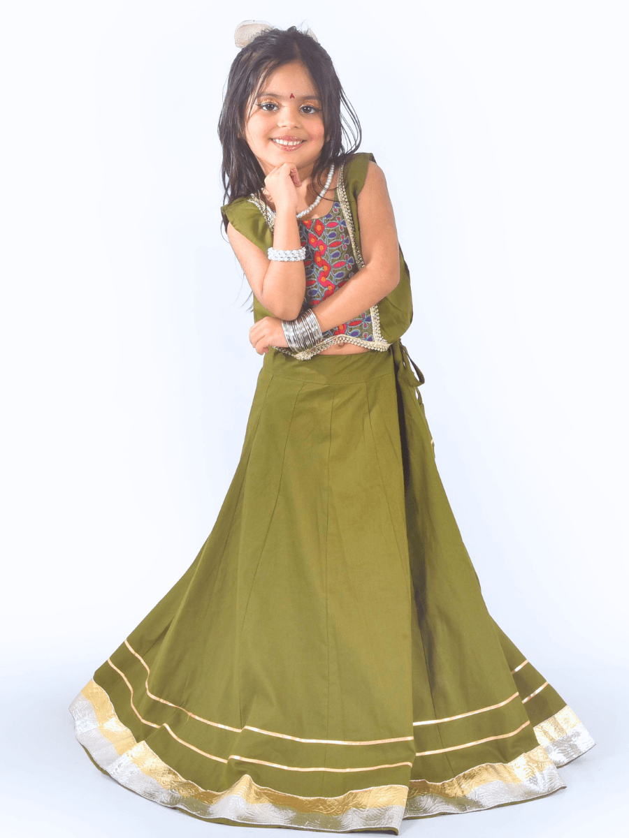 Olive Green & Mustard Embroidered Lehenga Choli Set