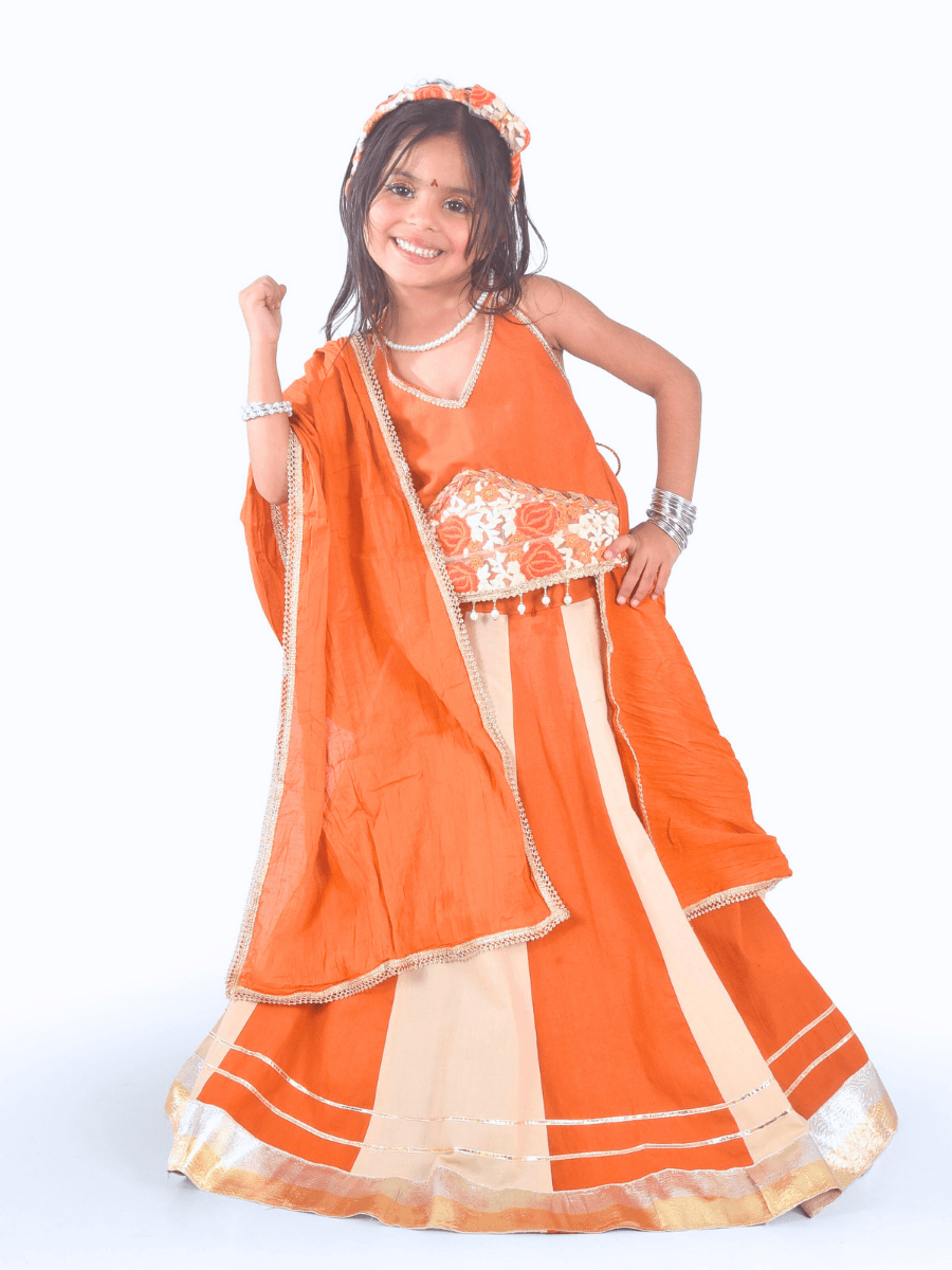 Orange & Cream Floral Embroidered Lehenga Choli Set