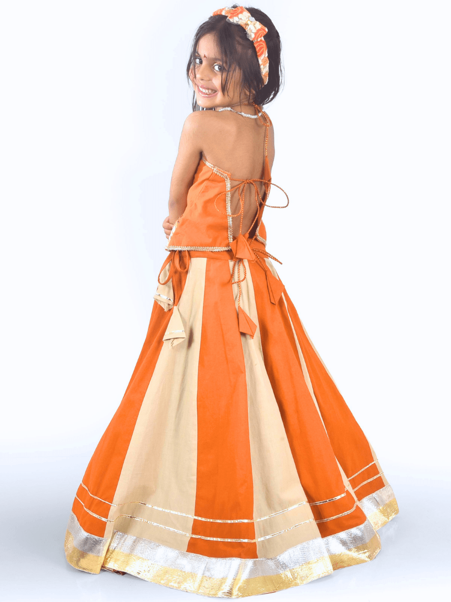 Orange & Cream Floral Embroidered Lehenga Choli Set