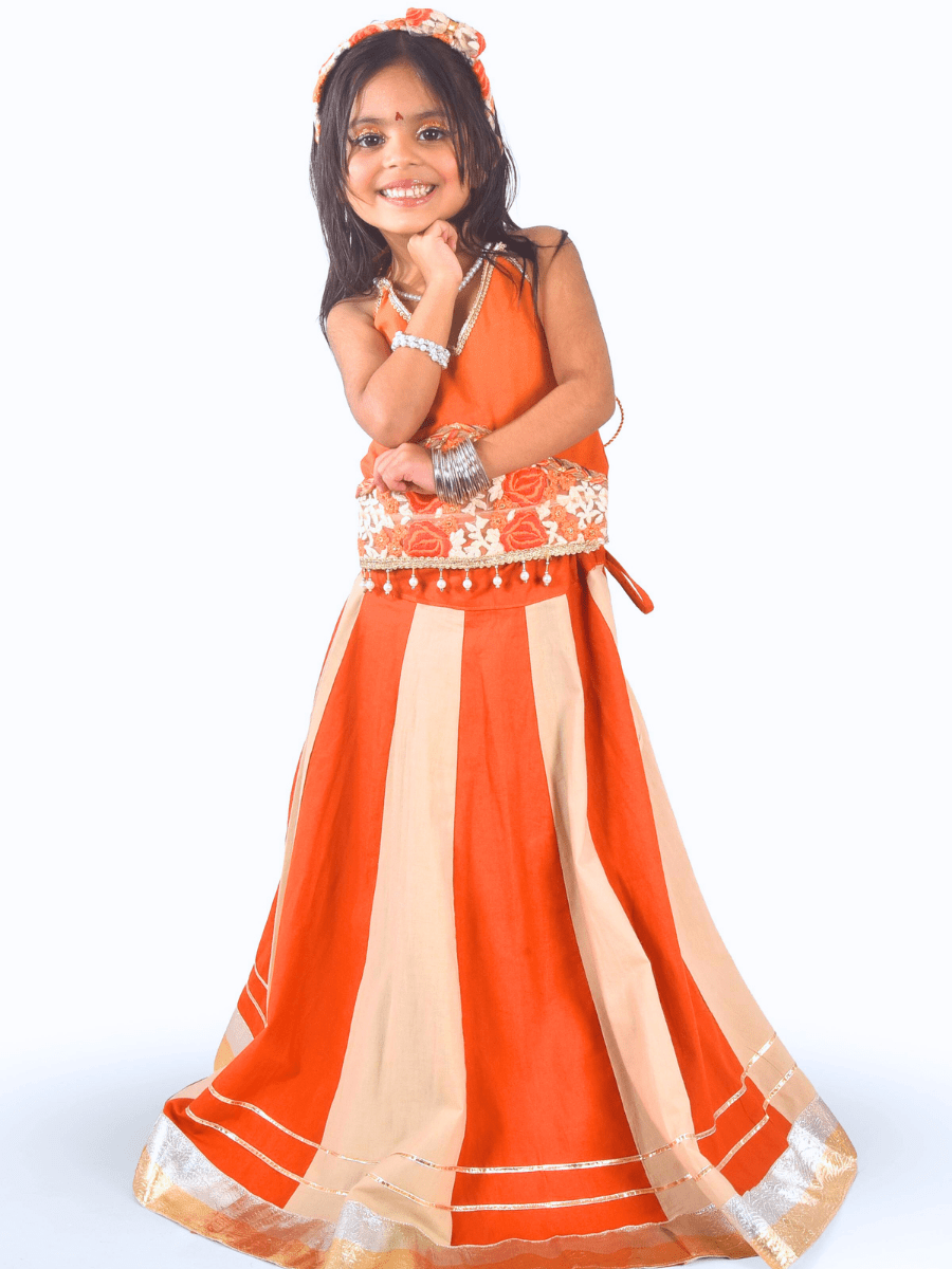 Orange & Cream Floral Embroidered Lehenga Choli Set