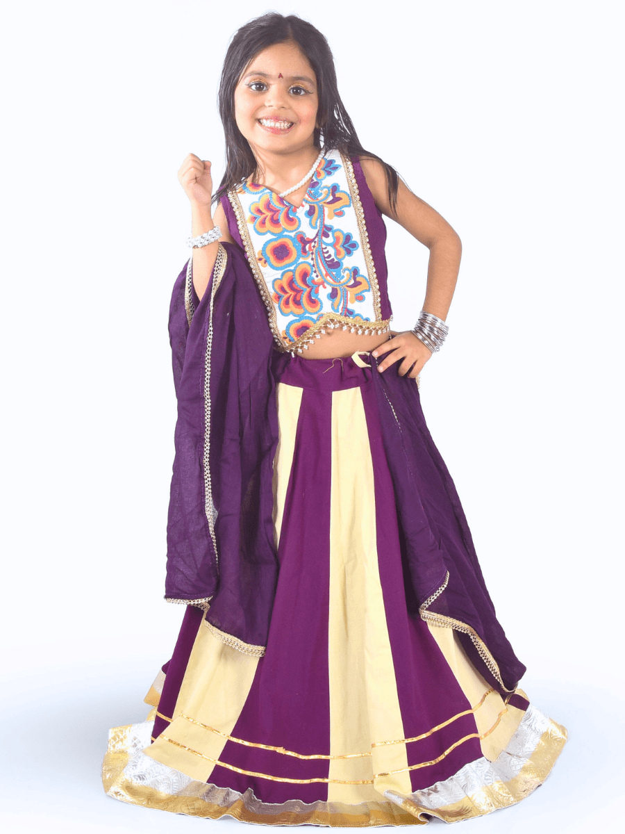 Purple & Cream Embroidered Lehenga Choli Set