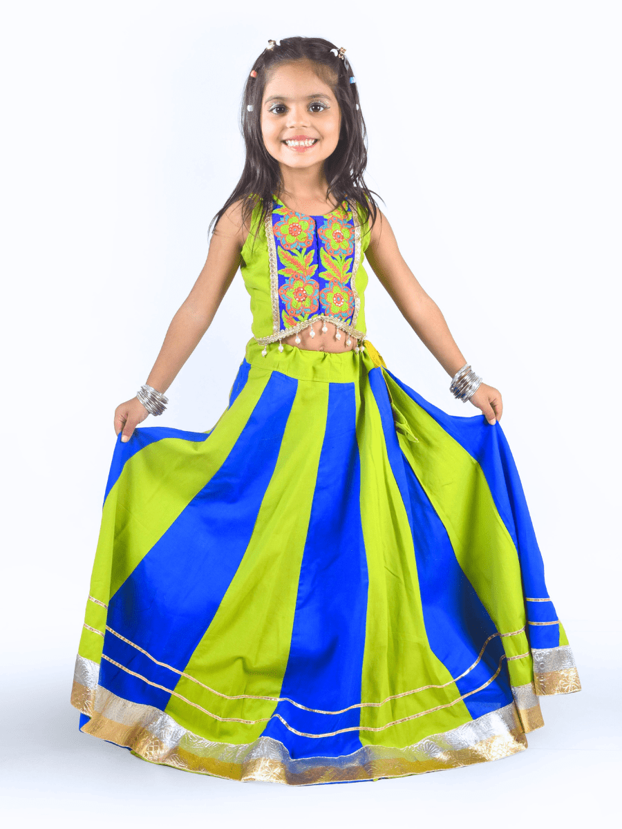 Lime Green & Royal Blue Embroidered Lehenga Choli