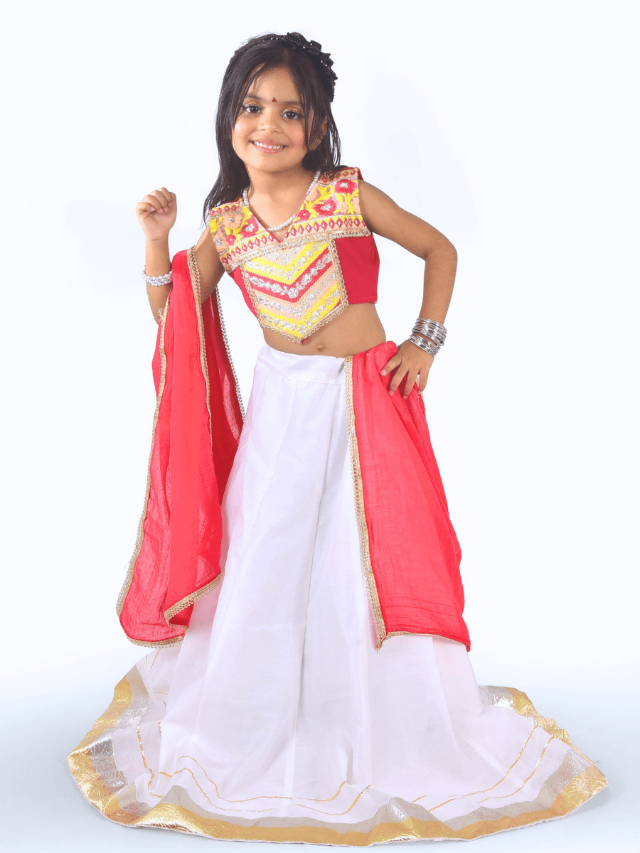 Red & Yellow Embroidered Kids Lehenga Choli Set