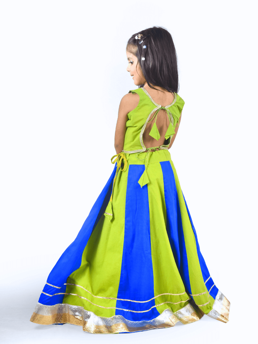 Lime Green & Royal Blue Embroidered Lehenga Choli