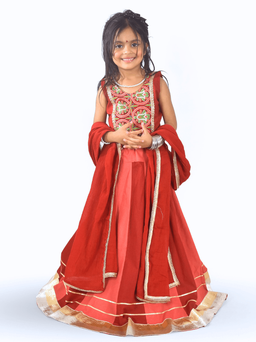 Rust Red & Coral Embroidered Lehenga Choli Set