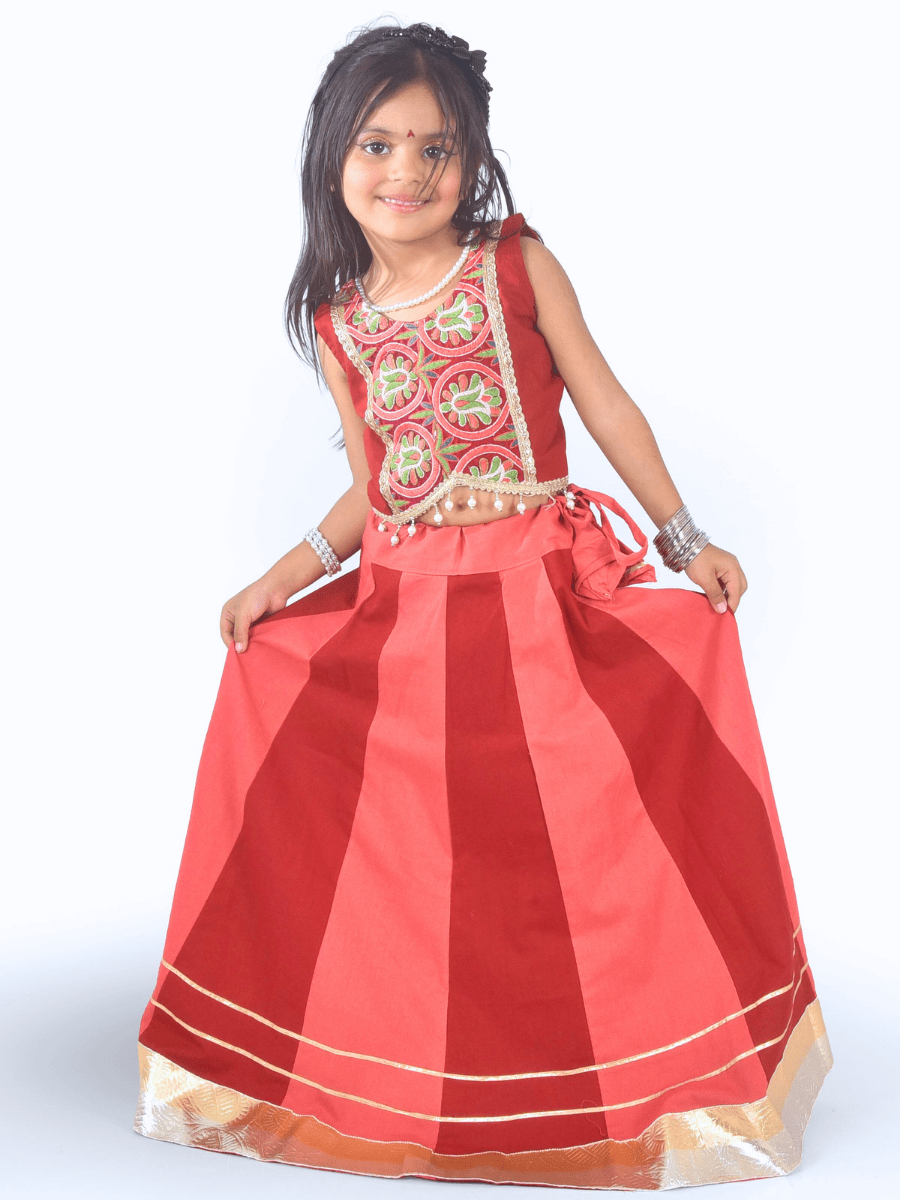 Rust Red & Coral Embroidered Lehenga Choli Set