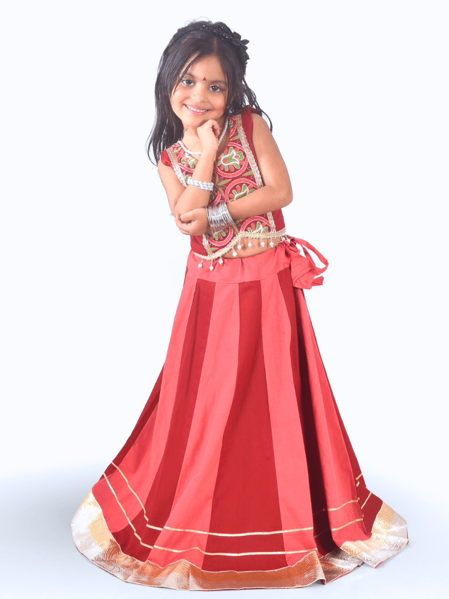 Rust Red & Coral Embroidered Lehenga Choli Set