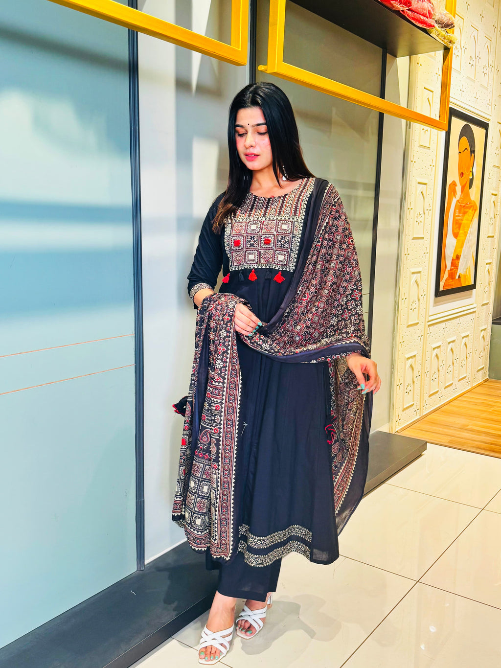 Black Mirror Embroidered Kurti Set with Ajrakh Dupatta – Timeless Ethnic Charm