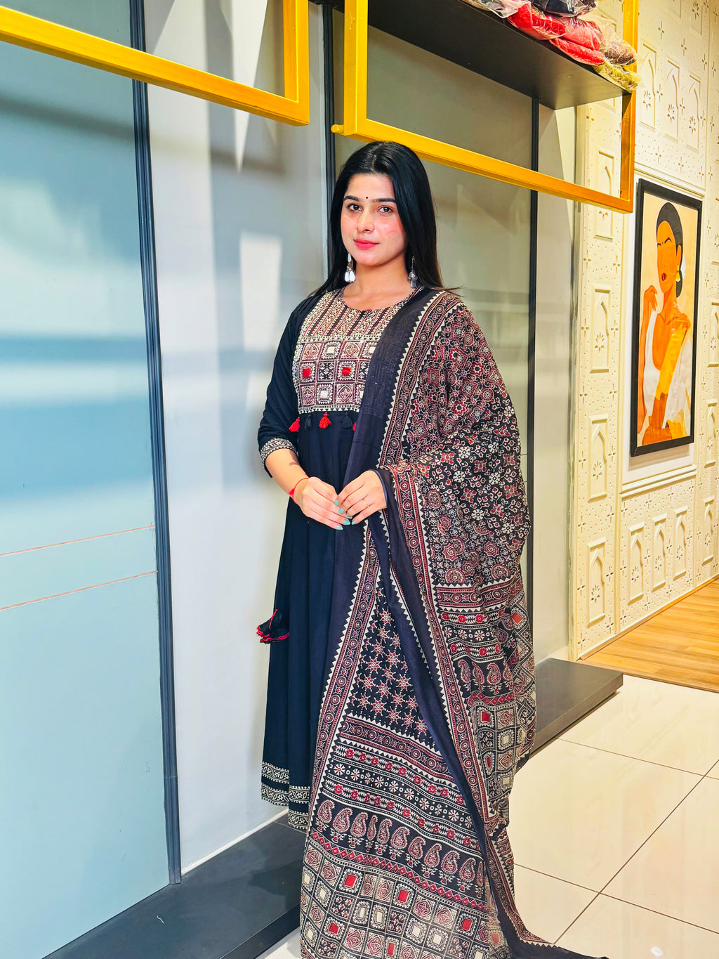 Black Mirror Embroidered Kurti Set with Ajrakh Dupatta – Timeless Ethnic Charm