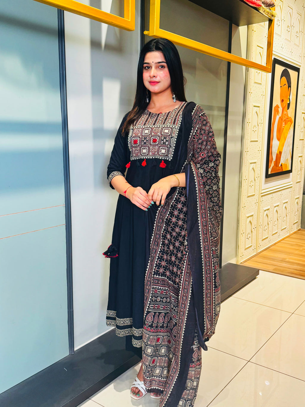 Black Mirror Embroidered Kurti Set with Ajrakh Dupatta – Timeless Ethnic Charm