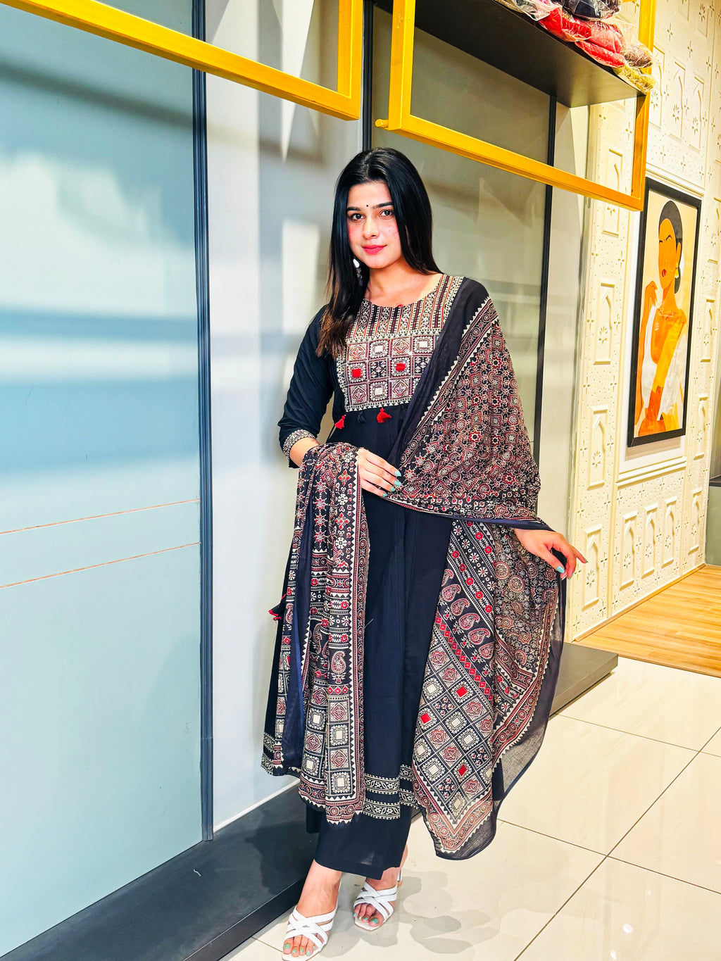 Black Mirror Embroidered Kurti Set with Ajrakh Dupatta – Timeless Ethnic Charm